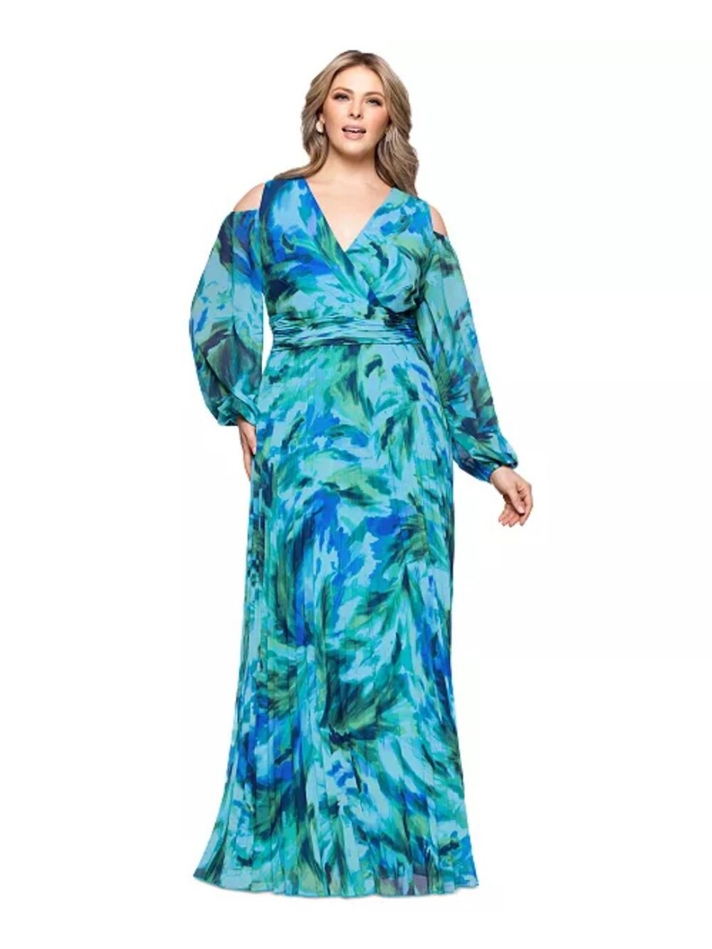 NWT Xscape 16W Blue Green Cold Shoulder Pleated Maxi Dress Formal Evening $279